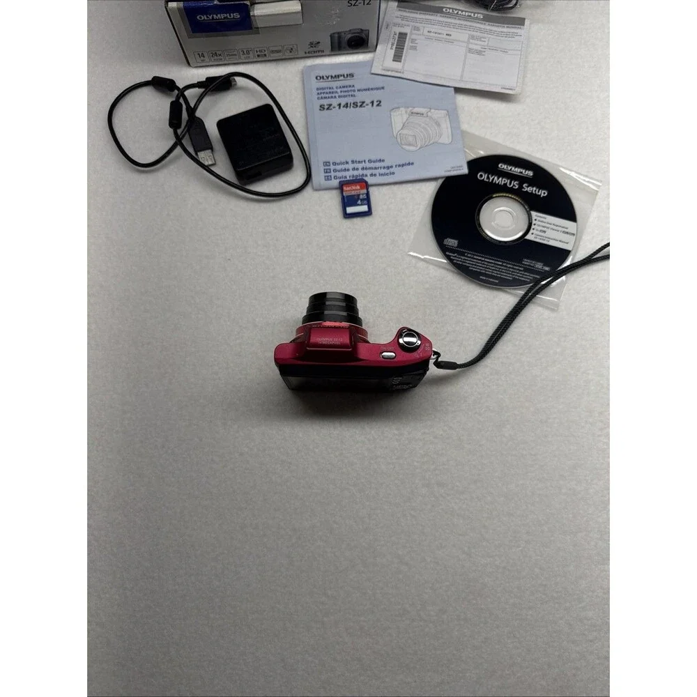 Olympus SZ-12 14MP Digital Camera 24x Zoom Red w/ Box Charger Battery SD Card